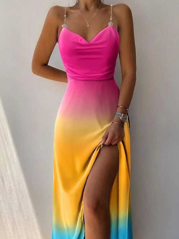 2022 Fashion Colorful Gradient Print Long Dress Summer Backless Women's Dress Boho Off Shoulder Sparkling Crystal Cover UP - Image 3