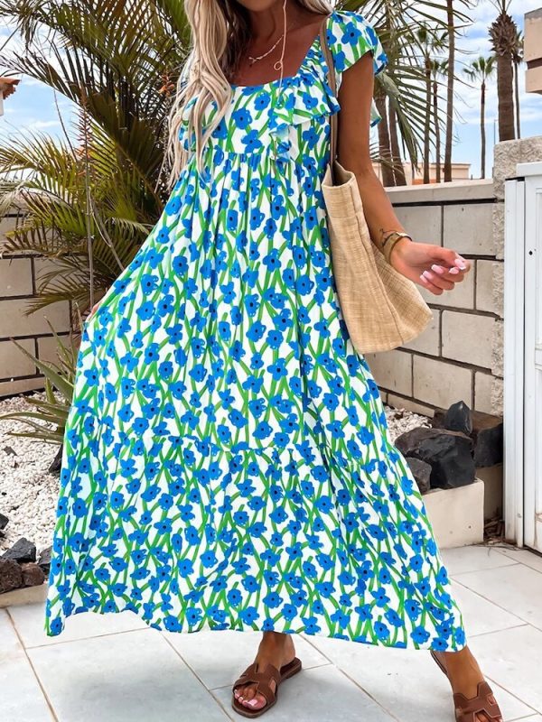 2022 Fashion Holiday Printed Summer Cover-Ups Women Square Collar Short Sleeve Ruffle Long Dress Casual Loose Spring Beach Dress - Image 3