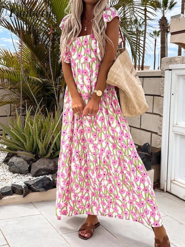 2022 Fashion Holiday Printed Summer Cover-Ups Women Square Collar Short Sleeve Ruffle Long Dress Casual Loose Spring Beach Dress