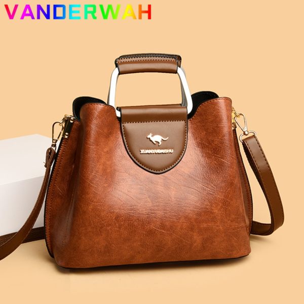 3 Layers Brand Small Tote Bag Oil Skin Leather Luxury Handbags Women Bags Designer Ladies Shoulder Crossbody Hand Bags for Women - Image 2