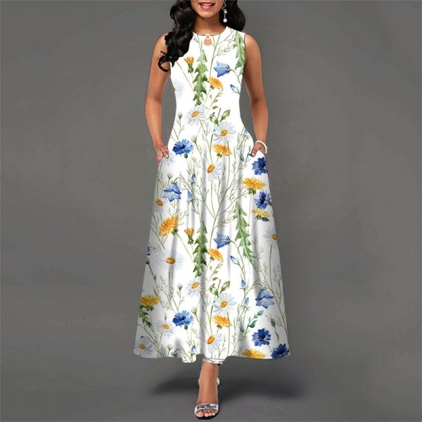 Bohemian Floral Printing Hollow Out Elegant Dresses For Women Large Swing Sexy High Waist Maxi Party Slim Tank Sleeveless Dress - Image 3