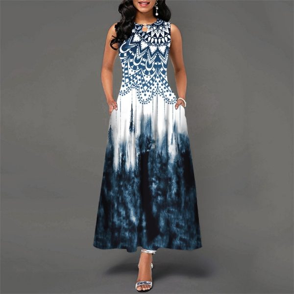 Bohemian Floral Printing Hollow Out Elegant Dresses For Women Large Swing Sexy High Waist Maxi Party Slim Tank Sleeveless Dress - Image 6