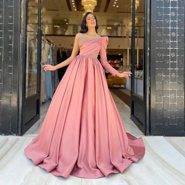 Chenxiao Pink Aline Satin  Evening Dresses Long Sleeves One Shoulder Bakeless for Party Graduation Homecoming Vestido de festa