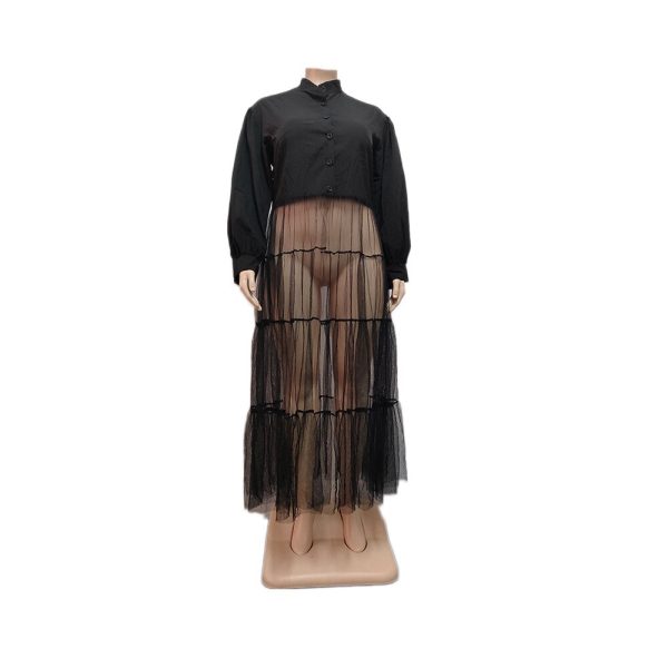 Elegant Chic Plus Size Woman Korean Style Black Pleated Shirt Dress Mesh Robe Femme Dinner Gown Ladies Cute Casual Midi Skirt - Image 4