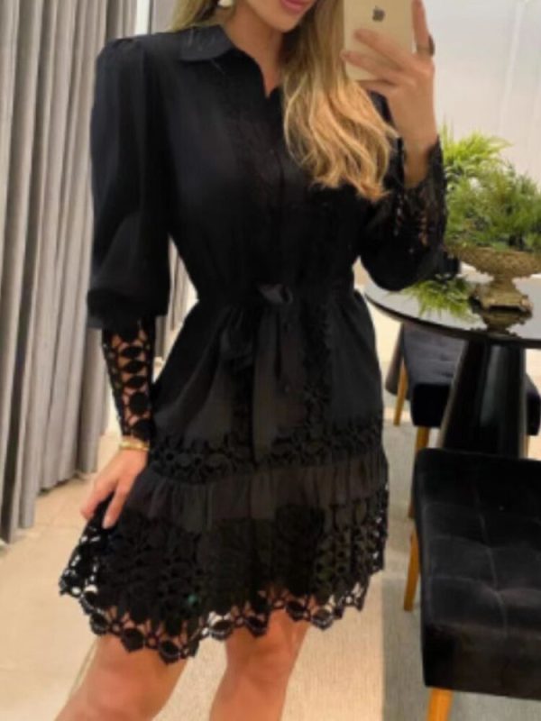 Elegant Lace Shirt Dress Women Casual Hollow White Button Bandage Short Dress Fashion Puff Sleeve Spring Autumn Dresses 2022 - Image 2