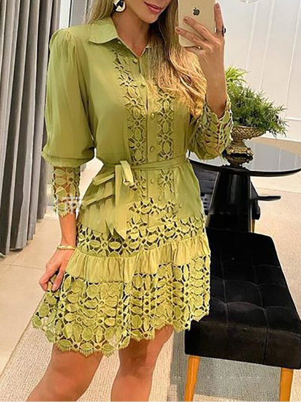 Elegant Lace Shirt Dress Women Casual Hollow White Button Bandage Short Dress Fashion Puff Sleeve Spring Autumn Dresses 2022 - Image 3