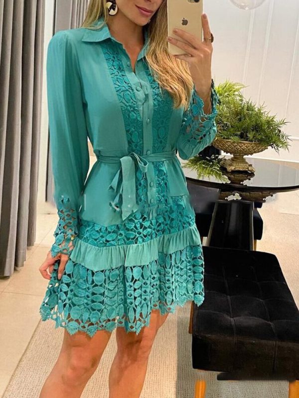 Elegant Lace Shirt Dress Women Casual Hollow White Button Bandage Short Dress Fashion Puff Sleeve Spring Autumn Dresses 2022 - Image 4