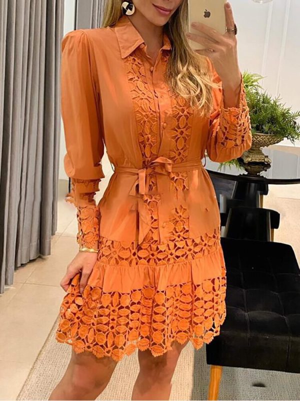 Elegant Lace Shirt Dress Women Casual Hollow White Button Bandage Short Dress Fashion Puff Sleeve Spring Autumn Dresses 2022 - Image 5