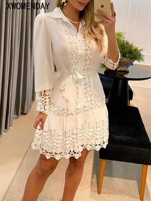 Elegant Lace Shirt Dress Women Casual Hollow White Button Bandage Short Dress Fashion Puff Sleeve Spring Autumn Dresses 2022