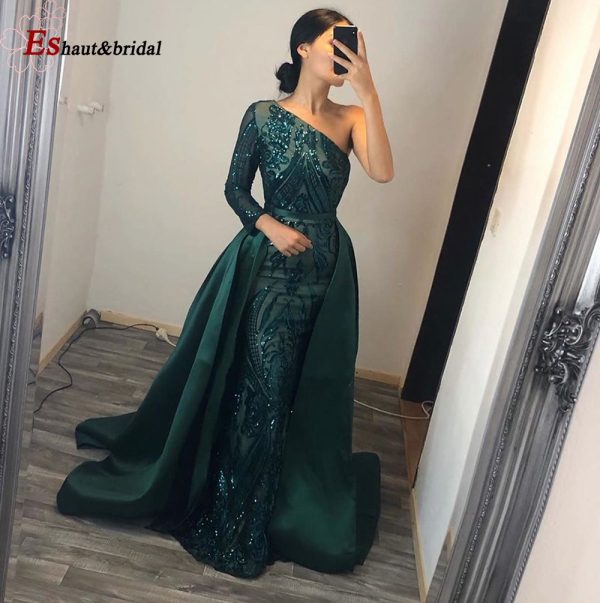 Elegant Wedding Evening Night Dress for Women 2022 Muslim Long Sleeves Mermaid with Detachable Train Sequined Prom Party Gowns - Image 2