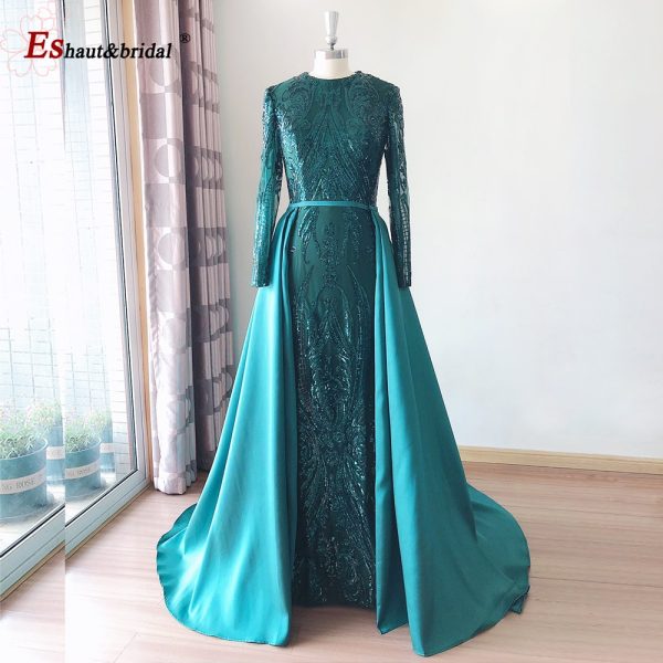 Elegant Wedding Evening Night Dress for Women 2022 Muslim Long Sleeves Mermaid with Detachable Train Sequined Prom Party Gowns - Image 3