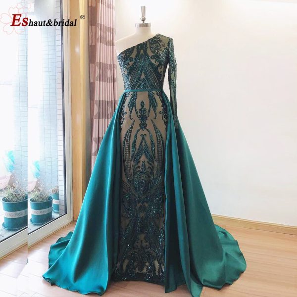 Elegant Wedding Evening Night Dress for Women 2022 Muslim Long Sleeves Mermaid with Detachable Train Sequined Prom Party Gowns - Image 4