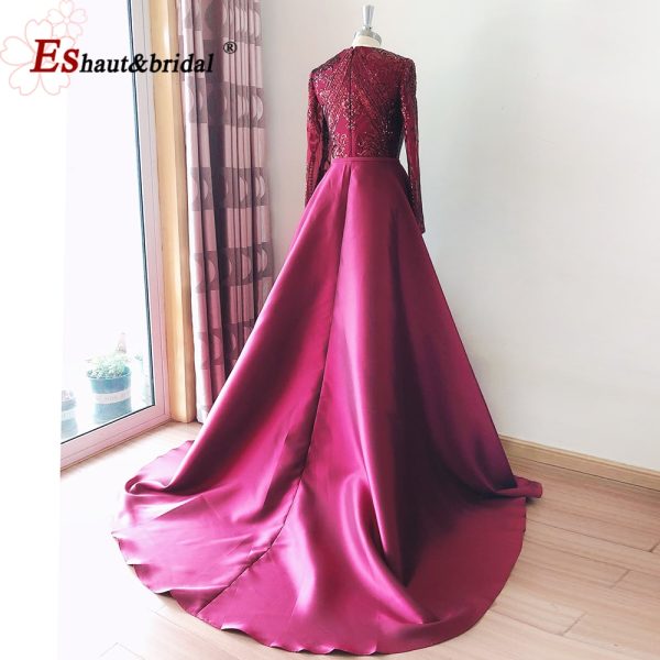 Elegant Wedding Evening Night Dress for Women 2022 Muslim Long Sleeves Mermaid with Detachable Train Sequined Prom Party Gowns - Image 5