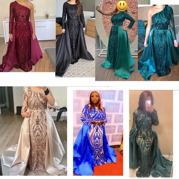 Elegant Wedding Evening Night Dress for Women 2022 Muslim Long Sleeves Mermaid with Detachable Train Sequined Prom Party Gowns - Image 6