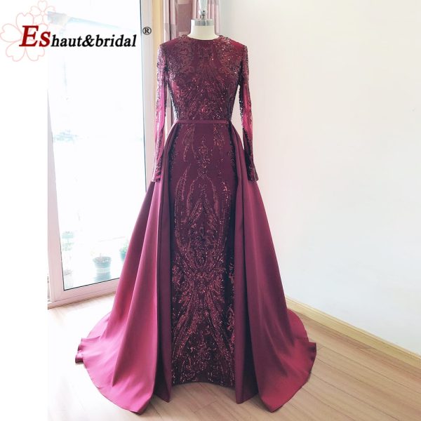 Elegant Wedding Evening Night Dress for Women 2022 Muslim Long Sleeves Mermaid with Detachable Train Sequined Prom Party Gowns