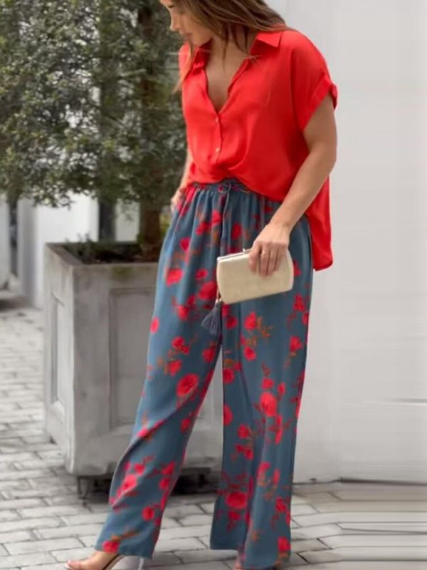 Summer Casual Women's Loose Vintage Boho Print Shirt + Commuter Wide Leg Pants Suits Two Piece Set Lady Fashion New 2022 Outfits - Image 6