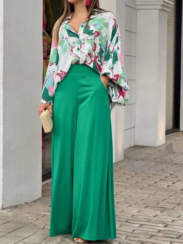 Summer Casual Women's Loose Vintage Boho Print Shirt + Commuter Wide Leg Pants Suits Two Piece Set Lady Fashion New 2022 Outfits