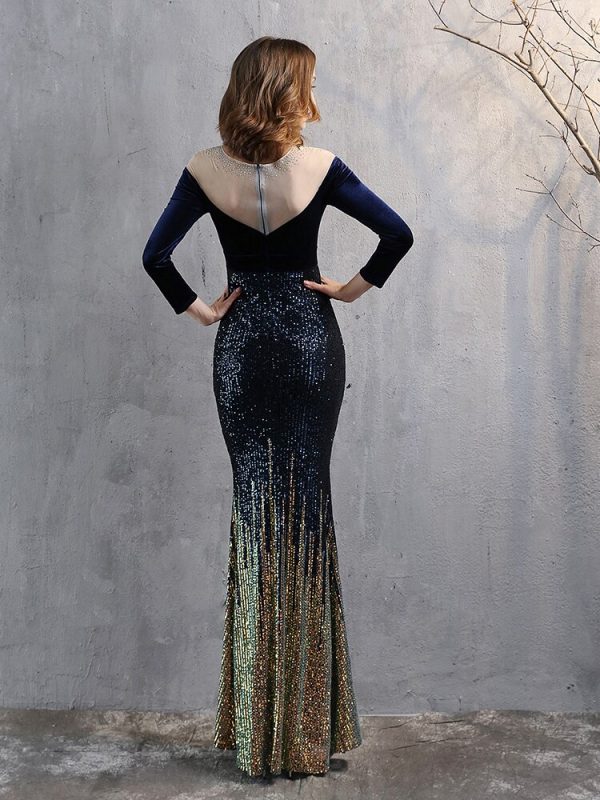 Velvet Sequins Elegant Mermaid Long Sleeve Cocktail Party Dresses Women Formal O-Neck Floor-Length Prom Vestidoes 2020 New - Image 2