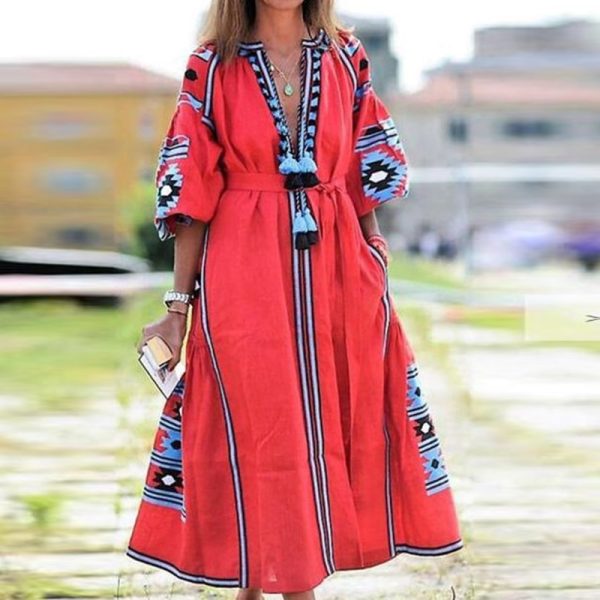 Vestido Spring Summer Women's Boho Dress Fashion Elegant Sexy V-Neck Retro Digital Printed Tassel Puff Sleeve Mid Length Dresses - Image 4